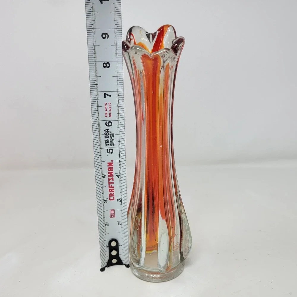 Vintage Mid Century Modern Orange Red Art Swung Glass Bud Vase 9.5 Inch